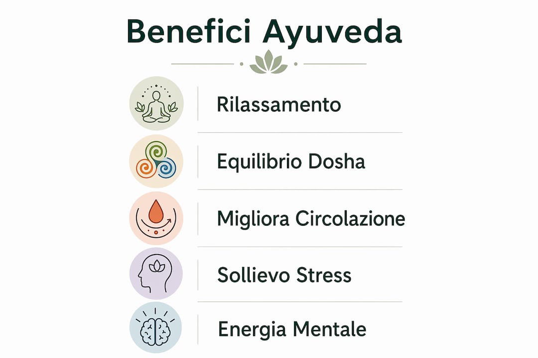 Scopri tutti i vantaggi dei massaggi ayurvedici con questa infografica: benessere per corpo e mente, rilassamento profondo e riequilibrio energetico.