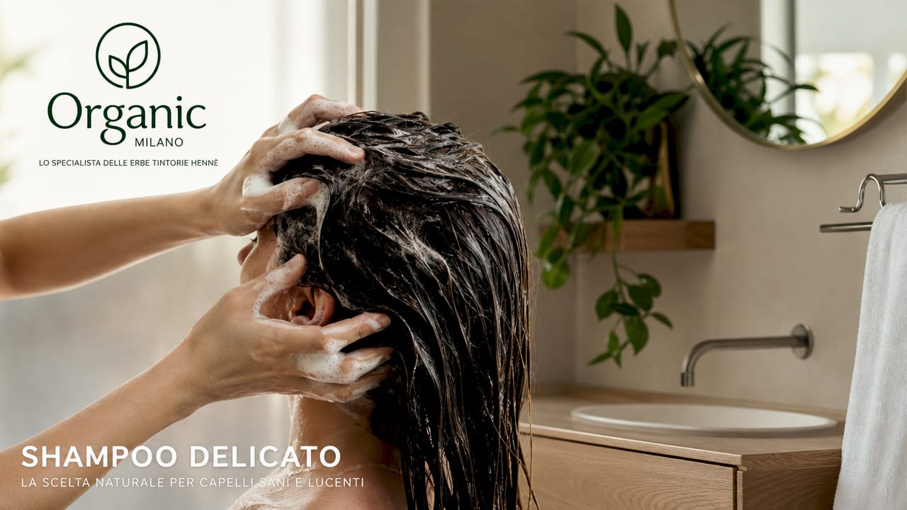 Mani che massaggiano i capelli lunghi e bagnati con lo shampoo