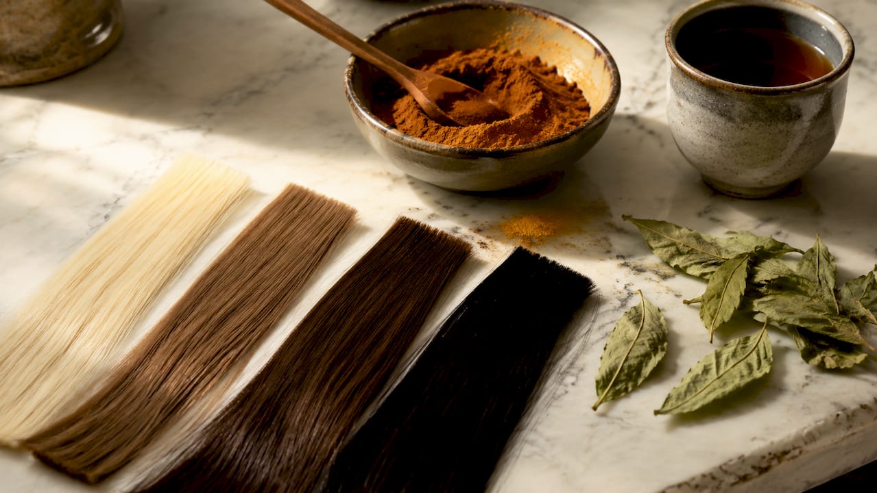 Dettaglio ravvicinato di ciocche campione per la scelta del colore dei capelli accanto a polvere di henné.