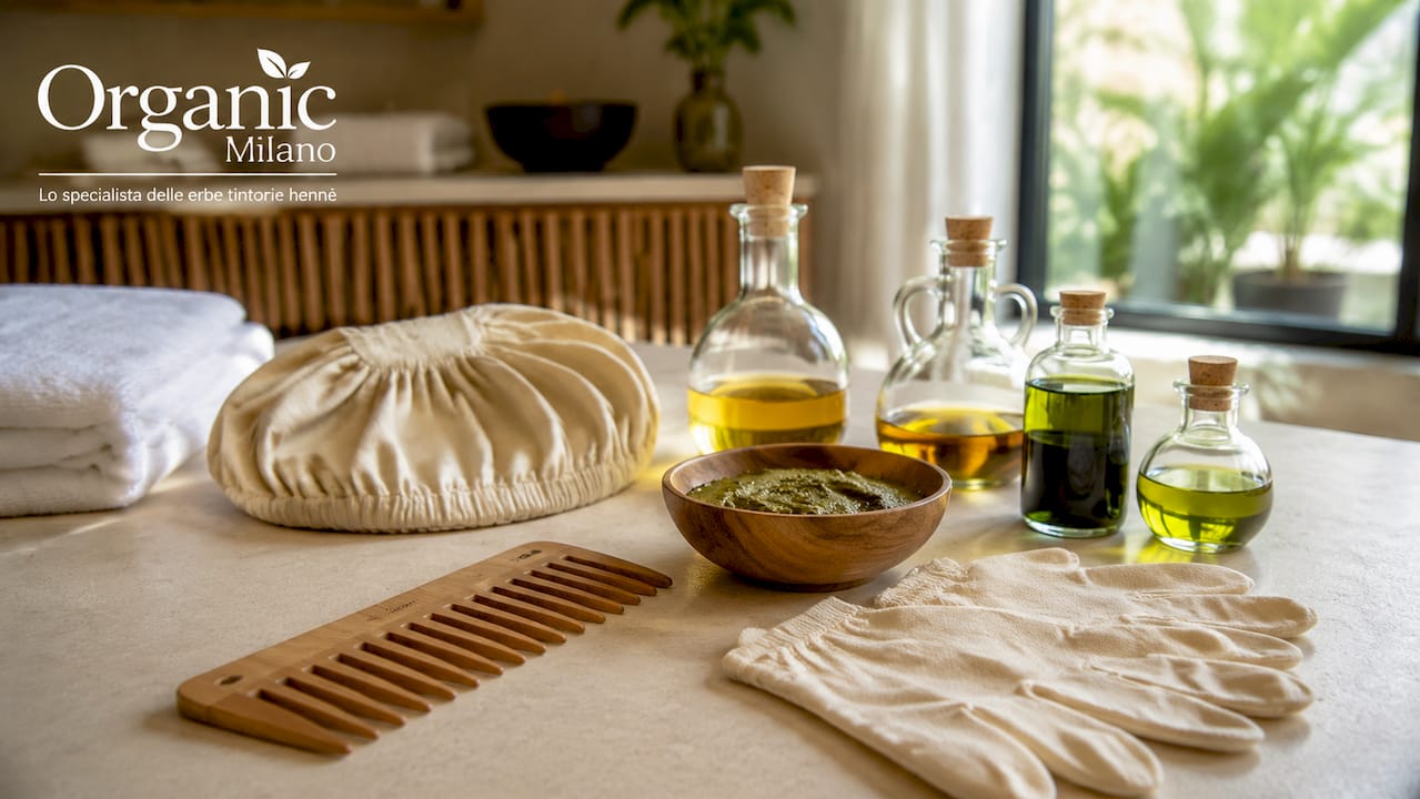 Accessori per il trattamento ayurvedico dei capelli disposti su un tavolo da spa