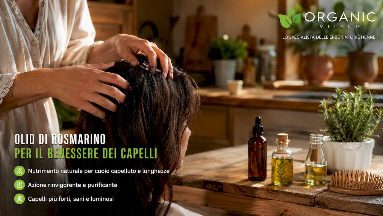 Mani che massaggiano olio di rosmarino sul cuoio capelluto
