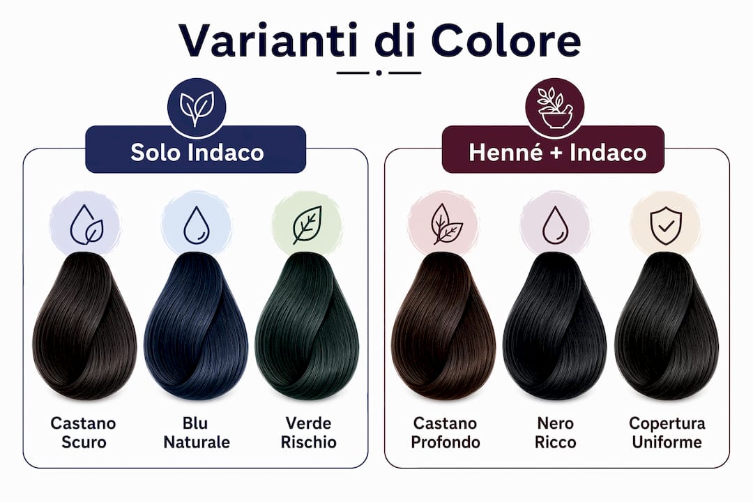 Infografica sulle diverse sfumature di indaco ideali per valorizzare i capelli scuri