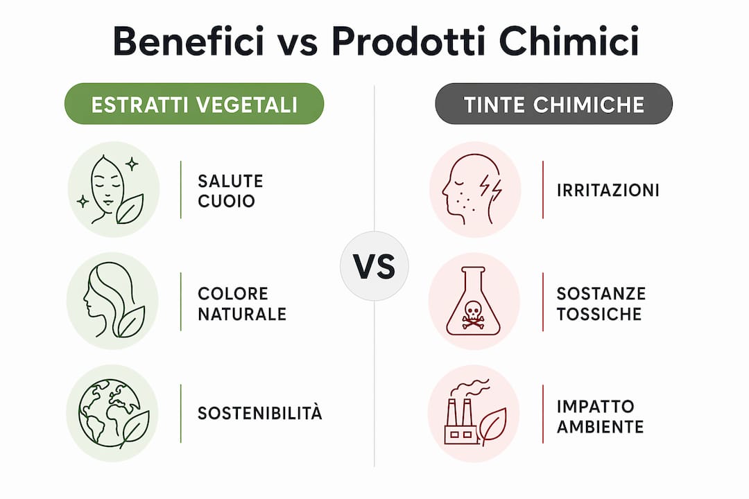 Infografica: vantaggi a confronto tra estratti naturali vegetali e coloranti chimici