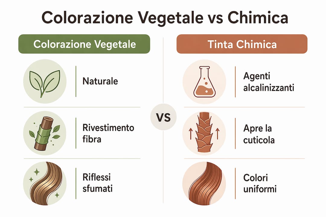 Infografica: differenze tra colorazione naturale e tinta chimica per capelli