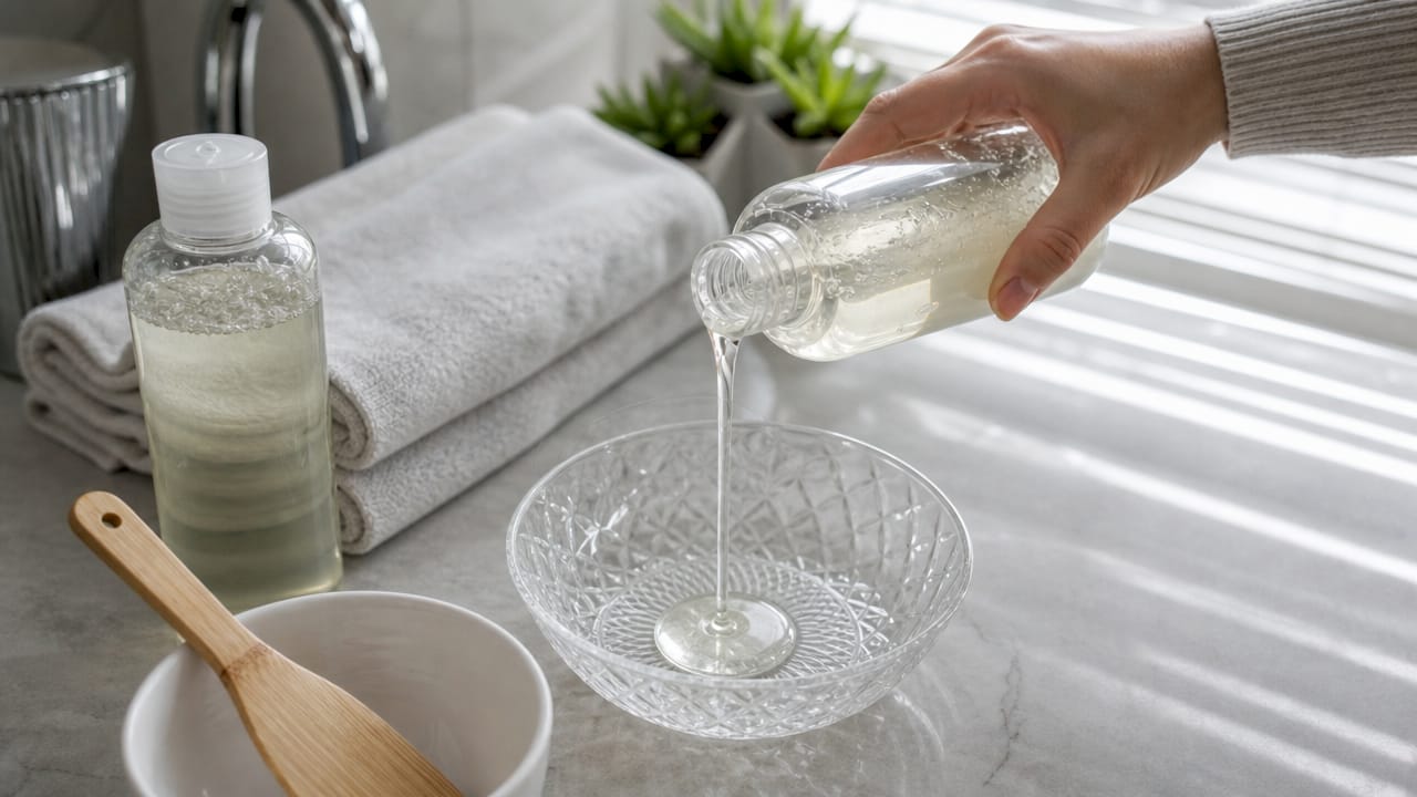 Una mano versa lo shampoo chelante nel lavandino di un bagno dal sapore rustico.