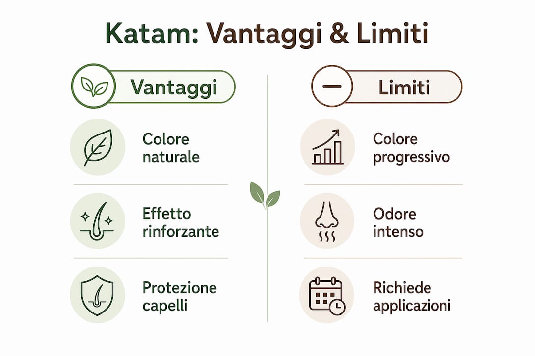 Confronto tra pro e contro di Katam: infografica chiara e intuitiva su sfondo luminoso