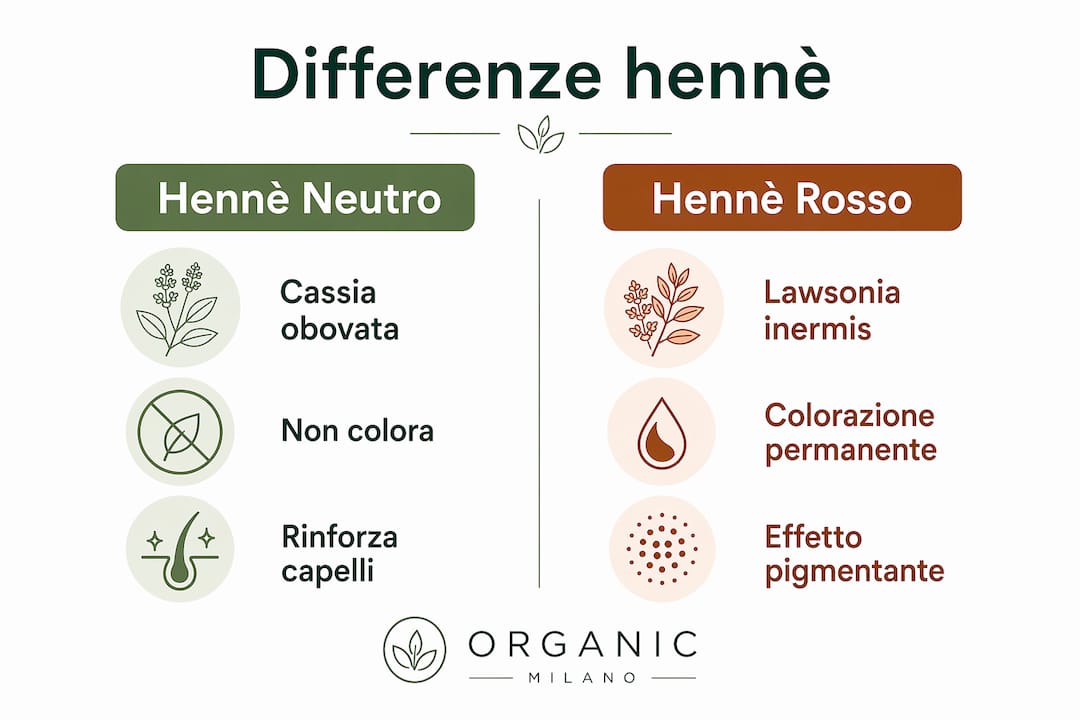Infografica: differenze e caratteristiche tra henné neutro e henné rosso