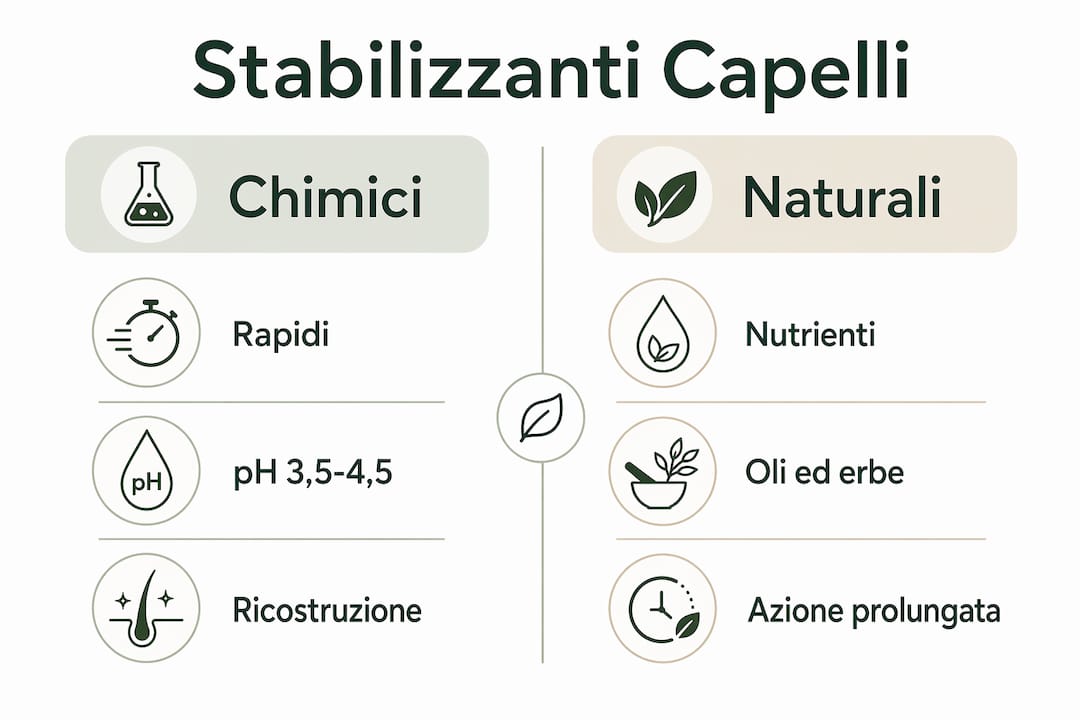 Infografica: confronto tra stabilizzanti naturali e chimici per la cura dei capelli