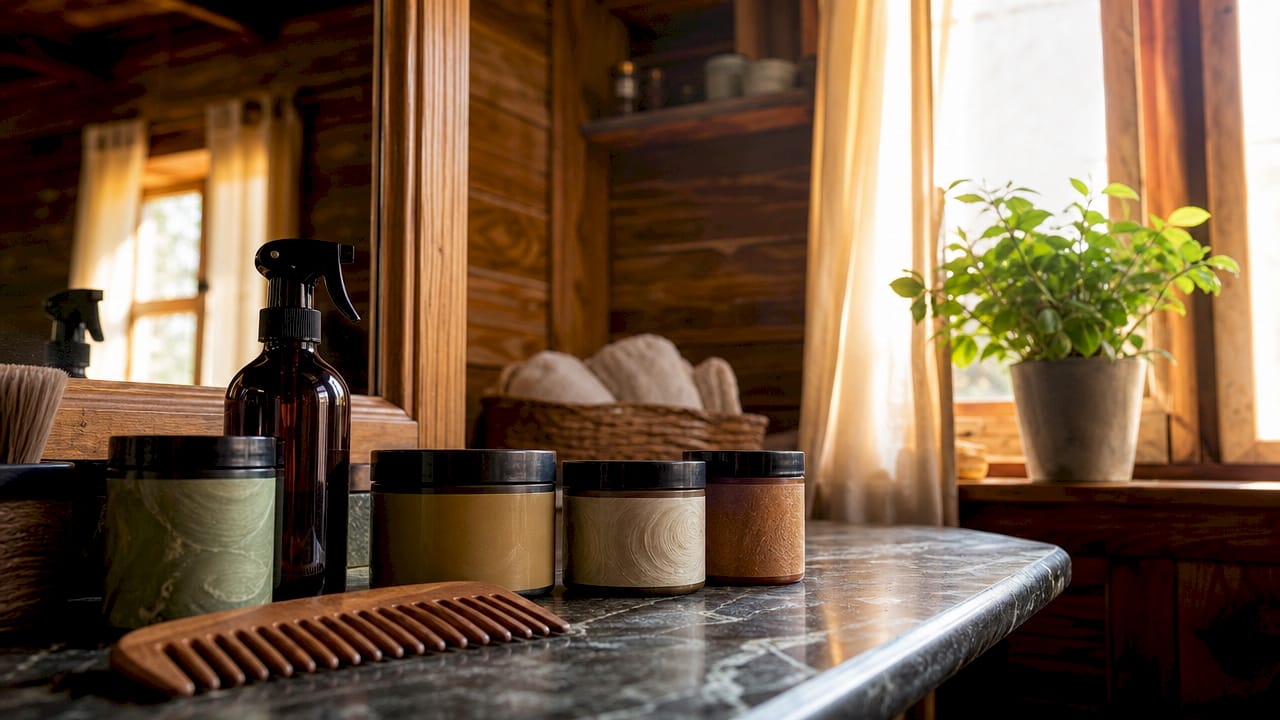 Prodotti per la cura dei capelli ricci sistemati sul piano del bagno