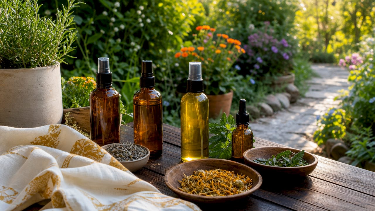 Cura dei capelli con prodotti bio alla luce del sole estivo