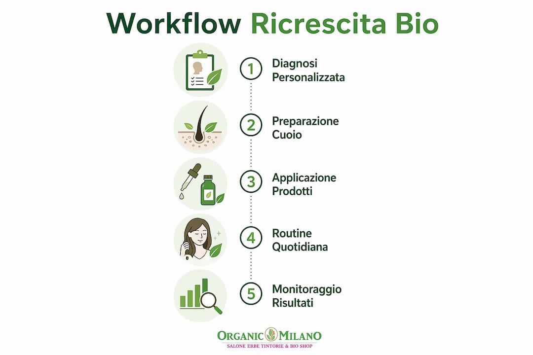 Infografica che illustra le principali tappe del trattamento bio per stimolare la ricrescita dei capelli
