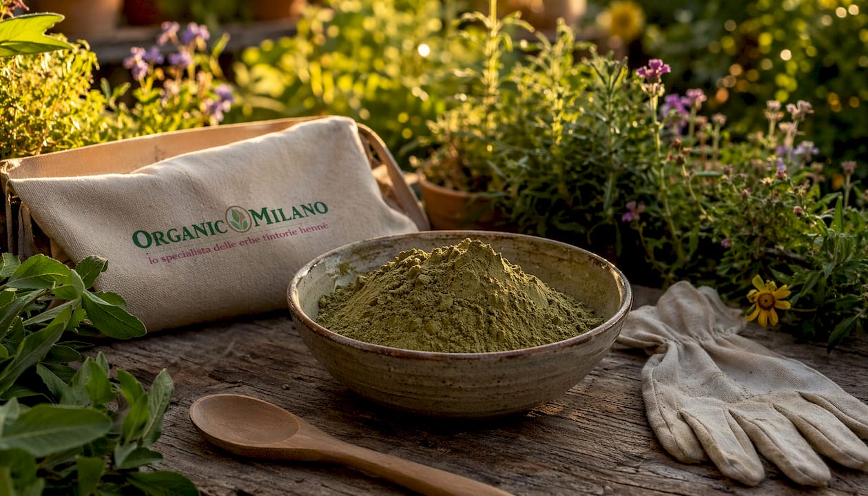 Polvere di guado in ciotola di ceramica, ideale per la tintura naturale dei capelli.