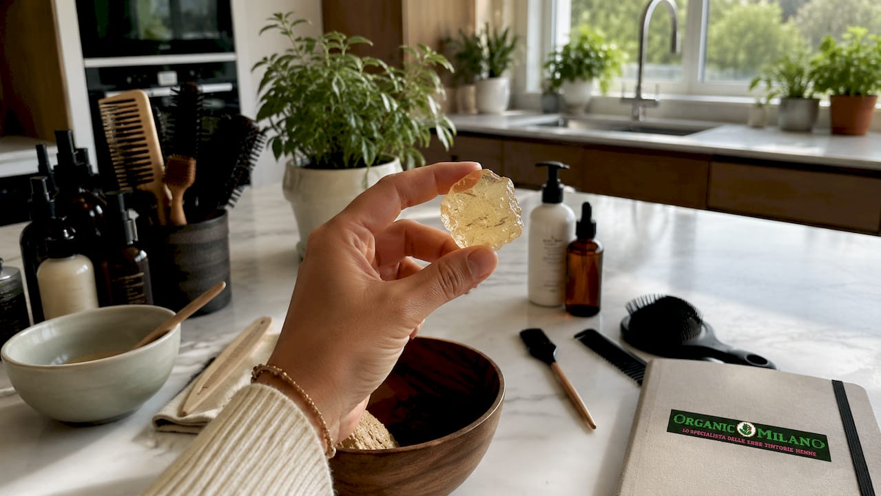 Una mano che applica gelatina vegetale sul lavandino di un bagno dallo stile minimalista.