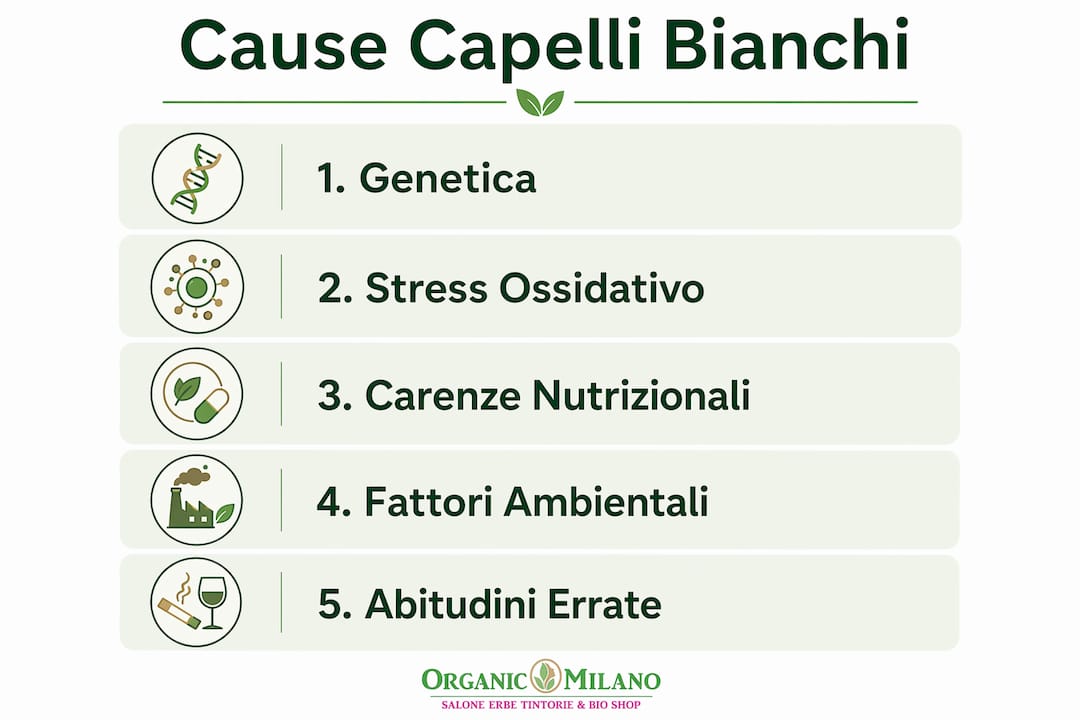 Grafico verticale che illustra le principali cause della comparsa dei capelli bianchi