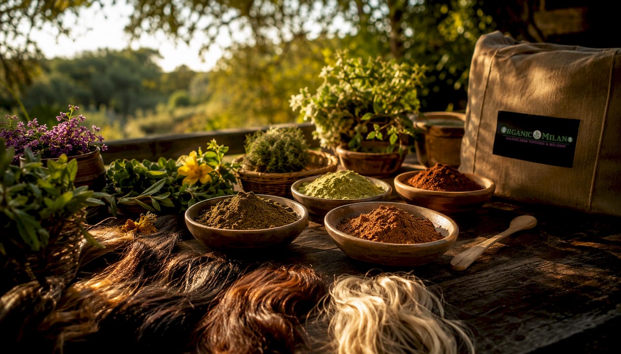 Accessori professionali per la colorazione naturale dei capelli, con tinte vegetali e il logo Organic Milano.