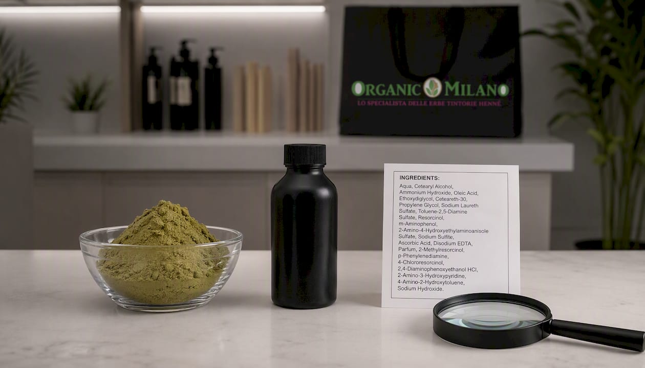 Campioni di henné, tinture chimiche e elenco degli ingredienti