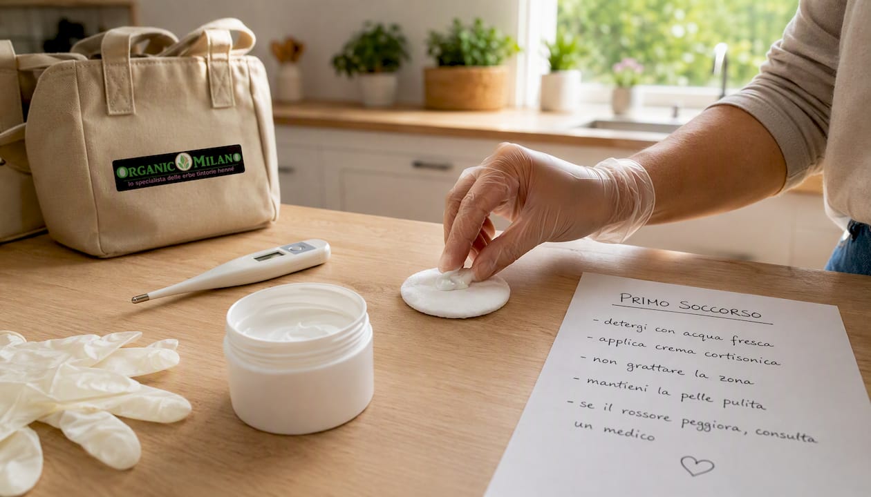 Kit di pronto intervento per reazioni allergiche alla tinta, completo di crema lenitiva e guida pratica su cosa fare in caso di allergia.