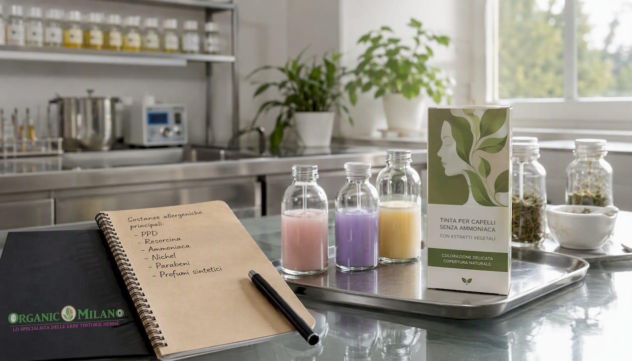 Laboratorio con prodotti coloranti e presenza di sostanze potenzialmente allergiche