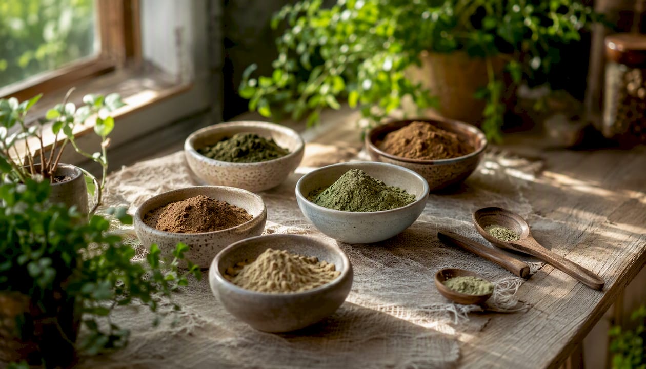 Polveri ayurvediche naturali per la cura dei capelli