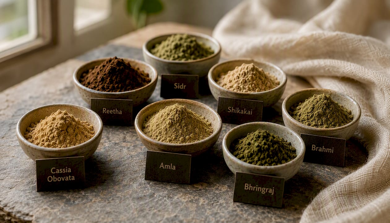 Varietà di polveri ayurvediche per la cura dei capelli disposte in ciotole