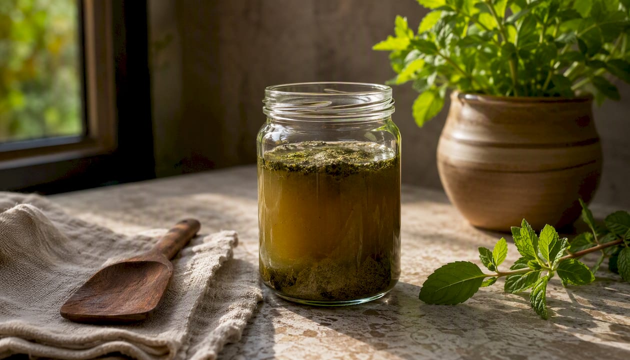 Infuso di polveri ayurvediche lasciato riposare in un barattolo di vetro