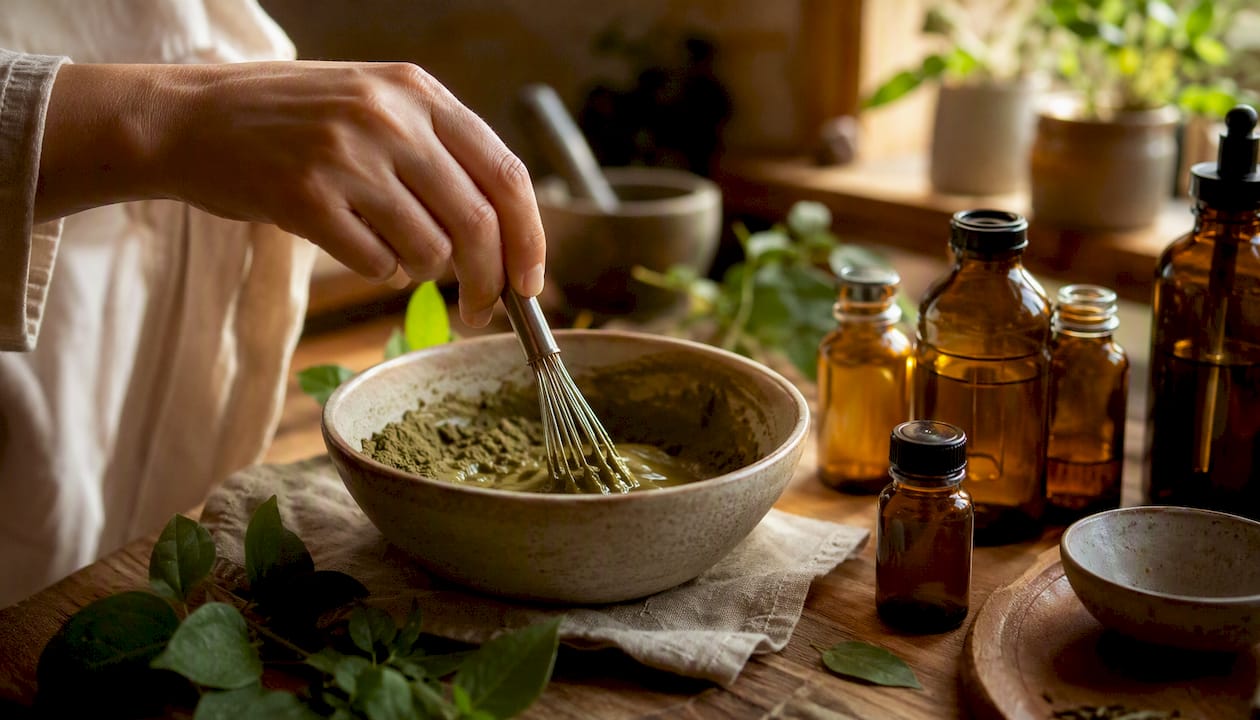 Per una maschera rinforzante per i capelli, puoi unire la polvere di bhringraj con un idrosol naturale: otterrai un impasto facile da applicare e ricco di benefici per la tua chioma.