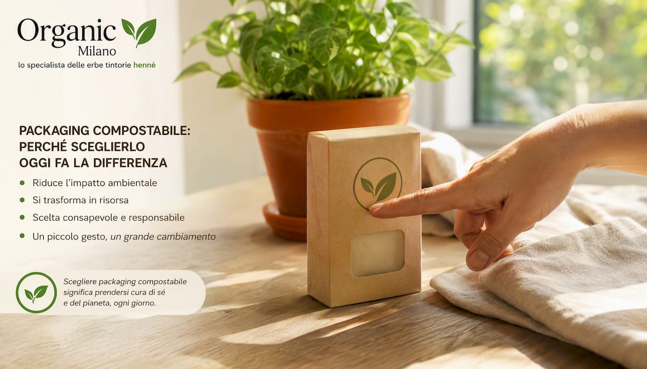 Un dito indica da vicino il dettaglio della confezione cosmetica compostabile
