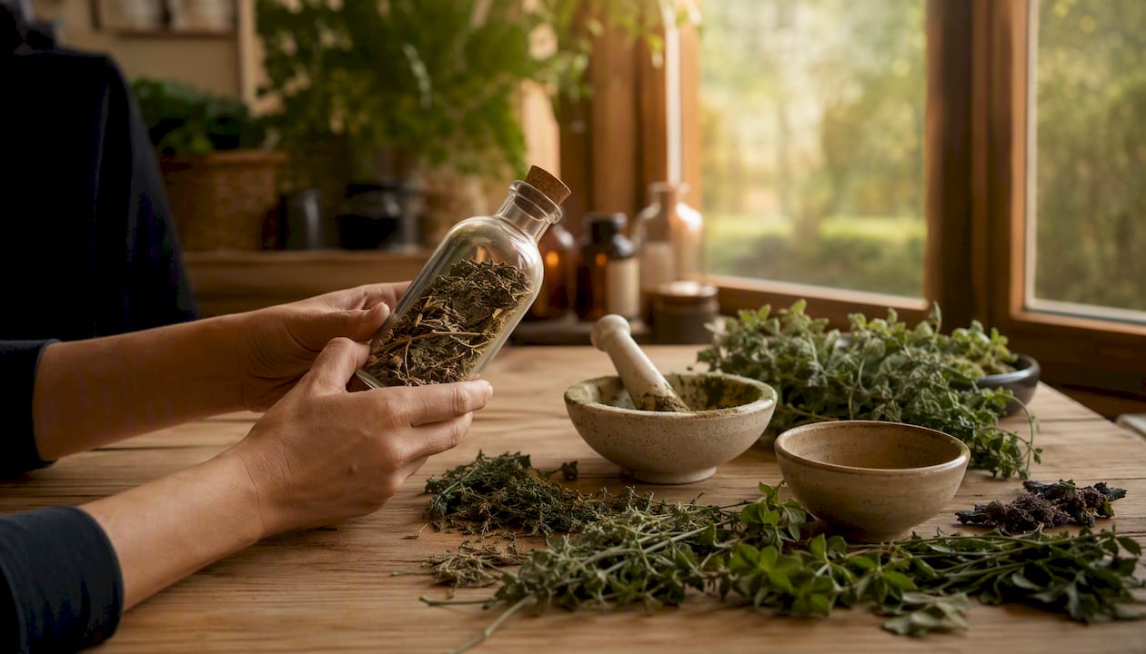 Mano che controlla l’etichetta di un flacone di cosmetico