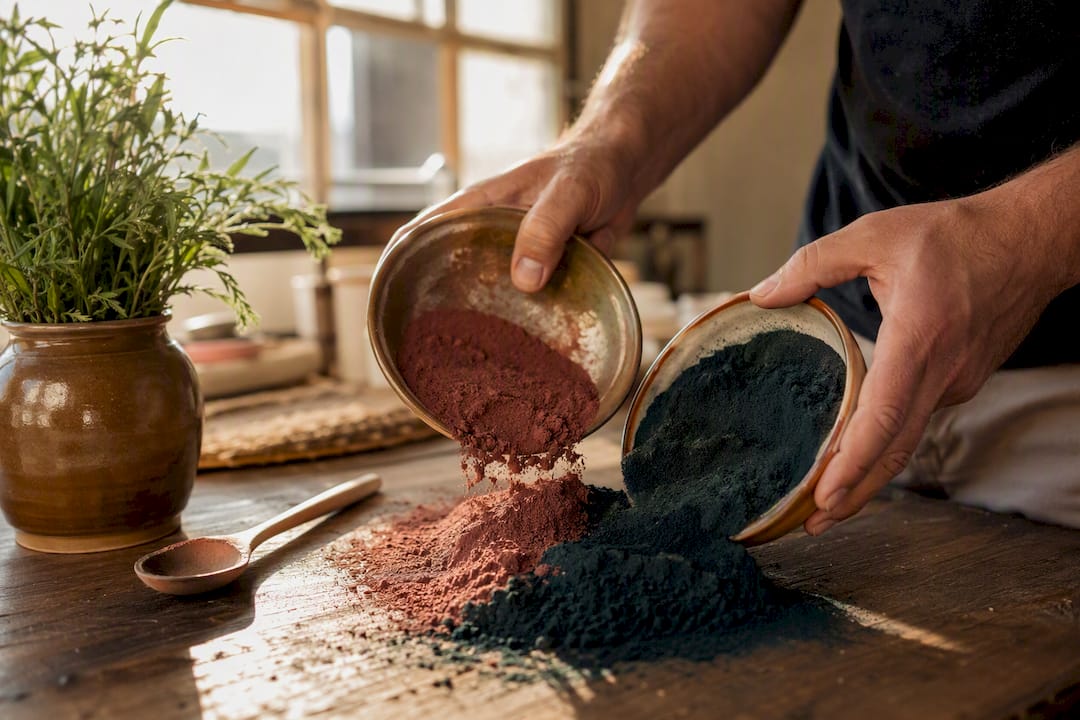 Mescolare a mano le polveri di henné e indigo in ciotole di ceramica