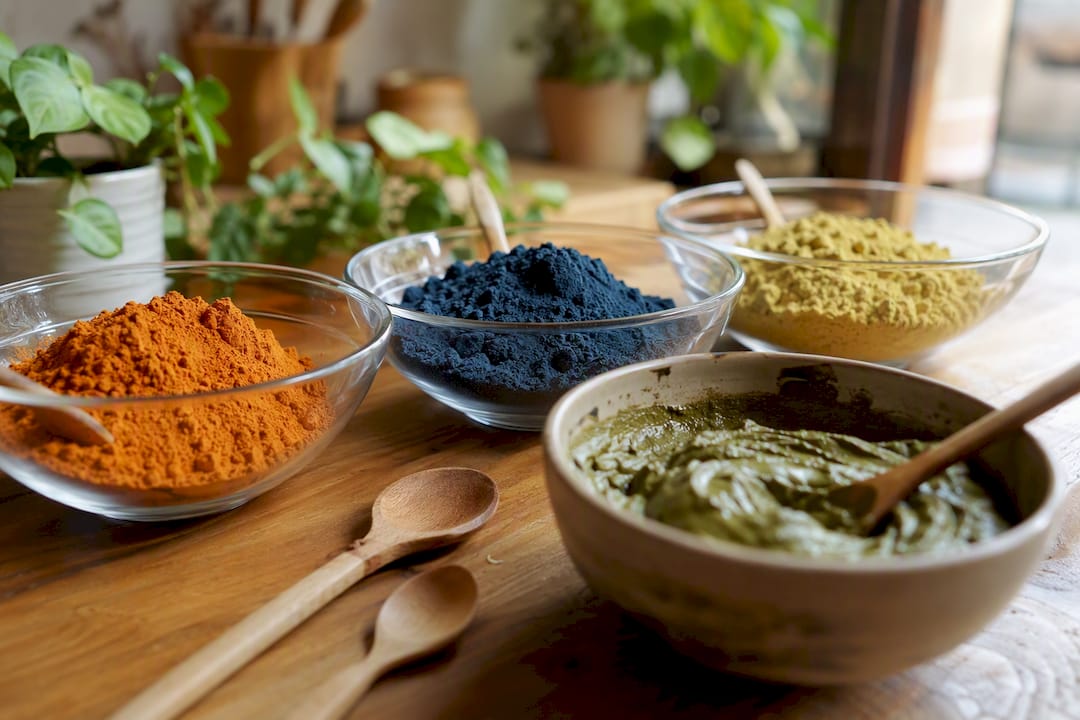 Polveri vegetali utilizzate per la colorazione naturale dei capelli con henné e indigo
