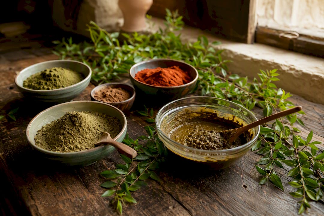 Henna powders and mixing bowl on a wooden table