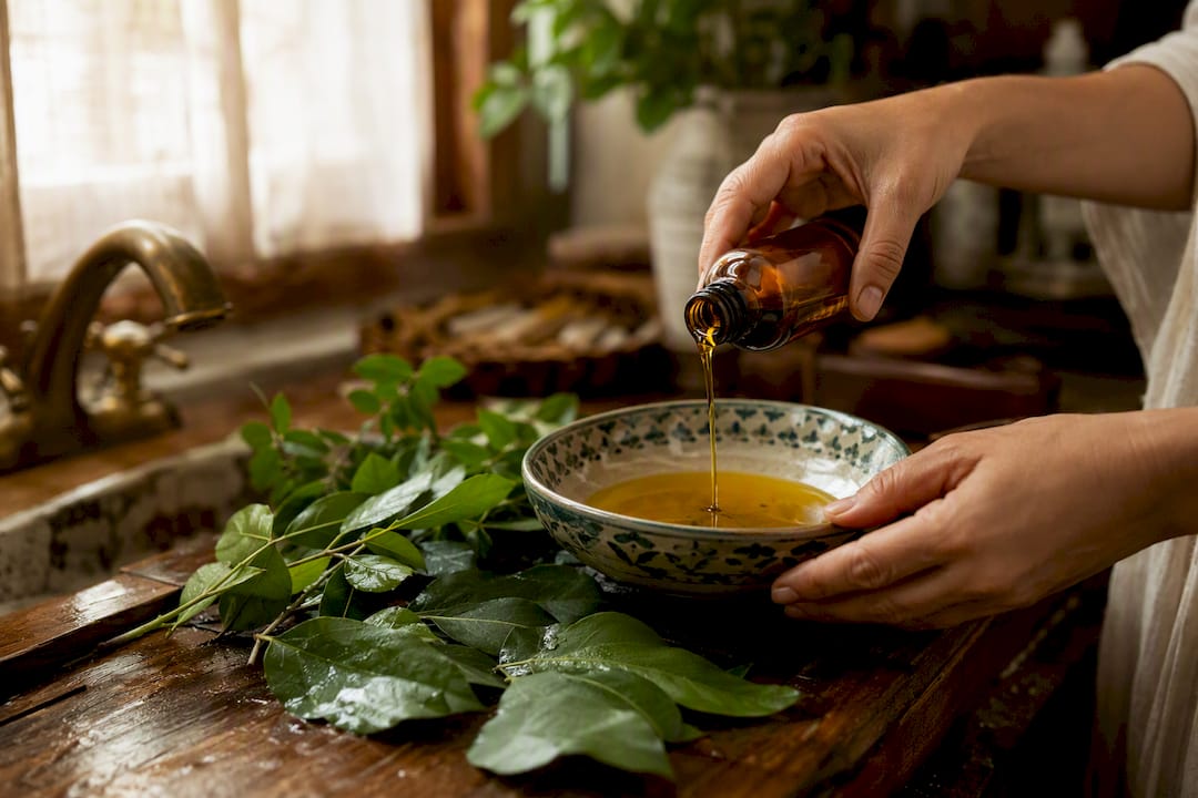 Olio vegetale versato per l'oleazione dei capelli