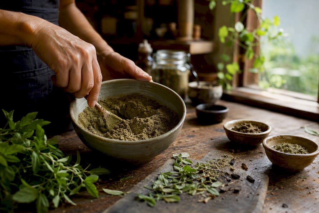Mani che mescolano polveri per maschera ayurvedica per capelli