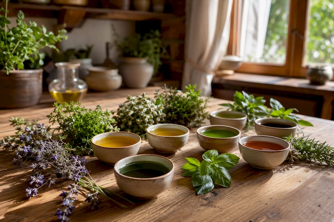 Ciotole con oli ayurvedici ed erbe naturali
