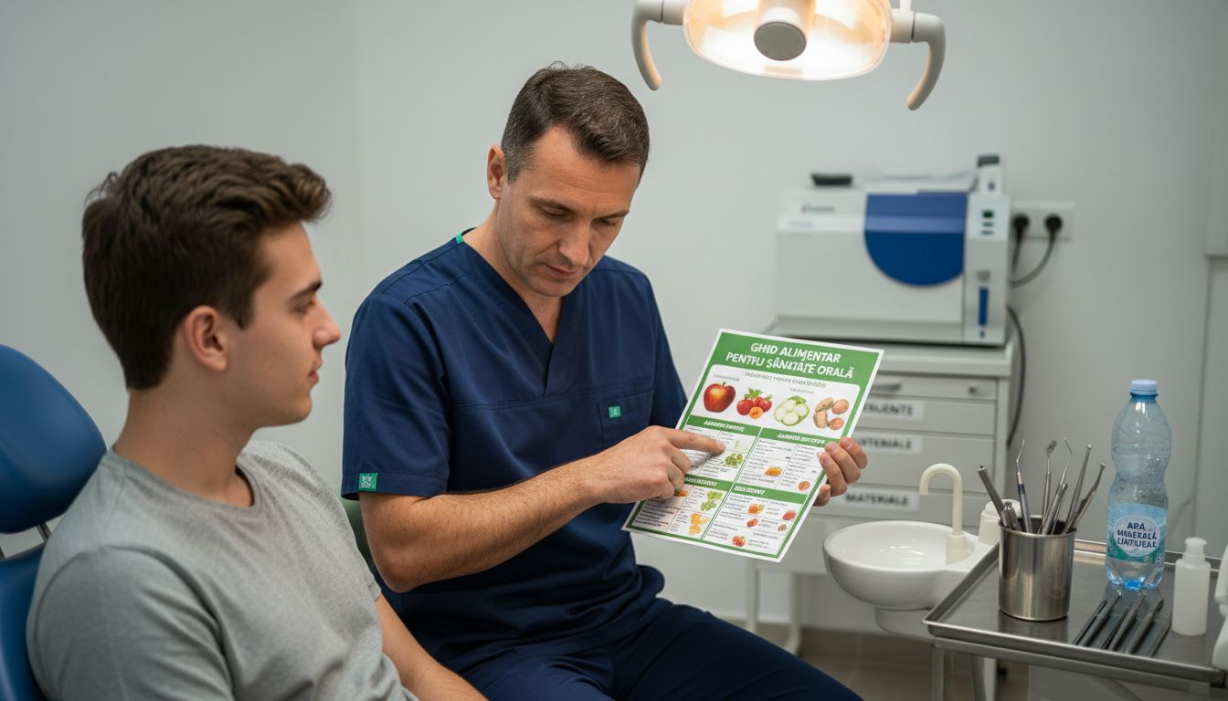 Medic stomatolog oferind sfaturi despre alimentația recomandată după inserarea unui implant dentar