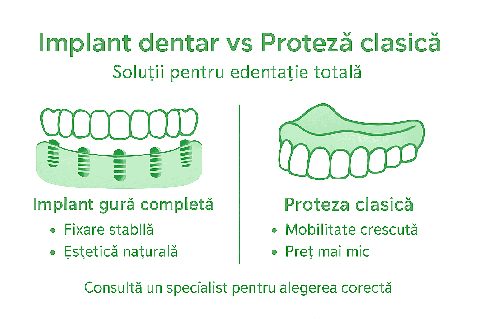 Infografic: comparație între implantul dentar și proteza clasică – avantaje, diferențe și ce alegi pentru un zâmbet sănătos