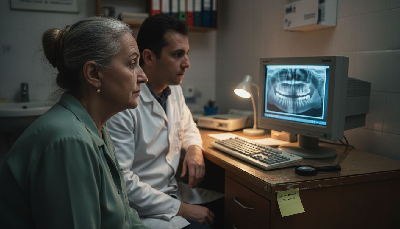 Medicul îi explică pacientei rezultatele radiografiei dentare, analizând împreună imaginea pe monitor.