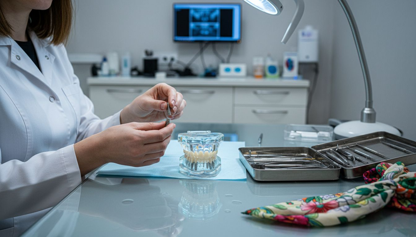 Medic stomatolog prezintă pe un model tipurile clasice de implanturi dentare.