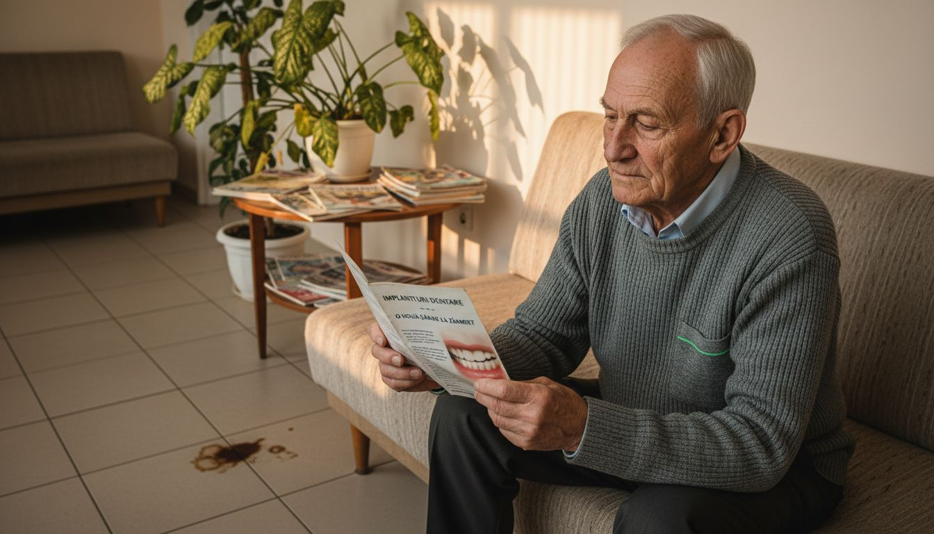 Persoană în vârstă care analizează posibilitatea de a-și pune implanturi dentare