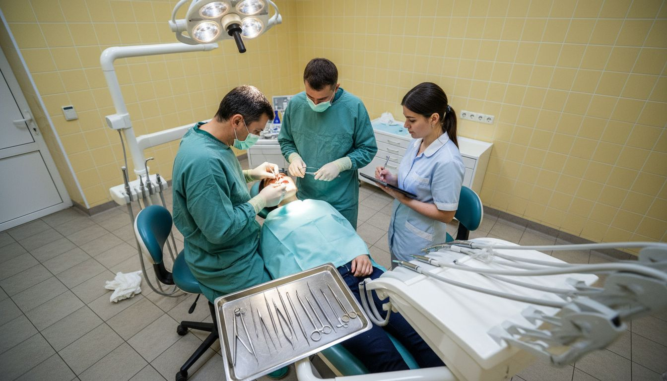 O echipă de medici realizează o intervenție de implant dentar.