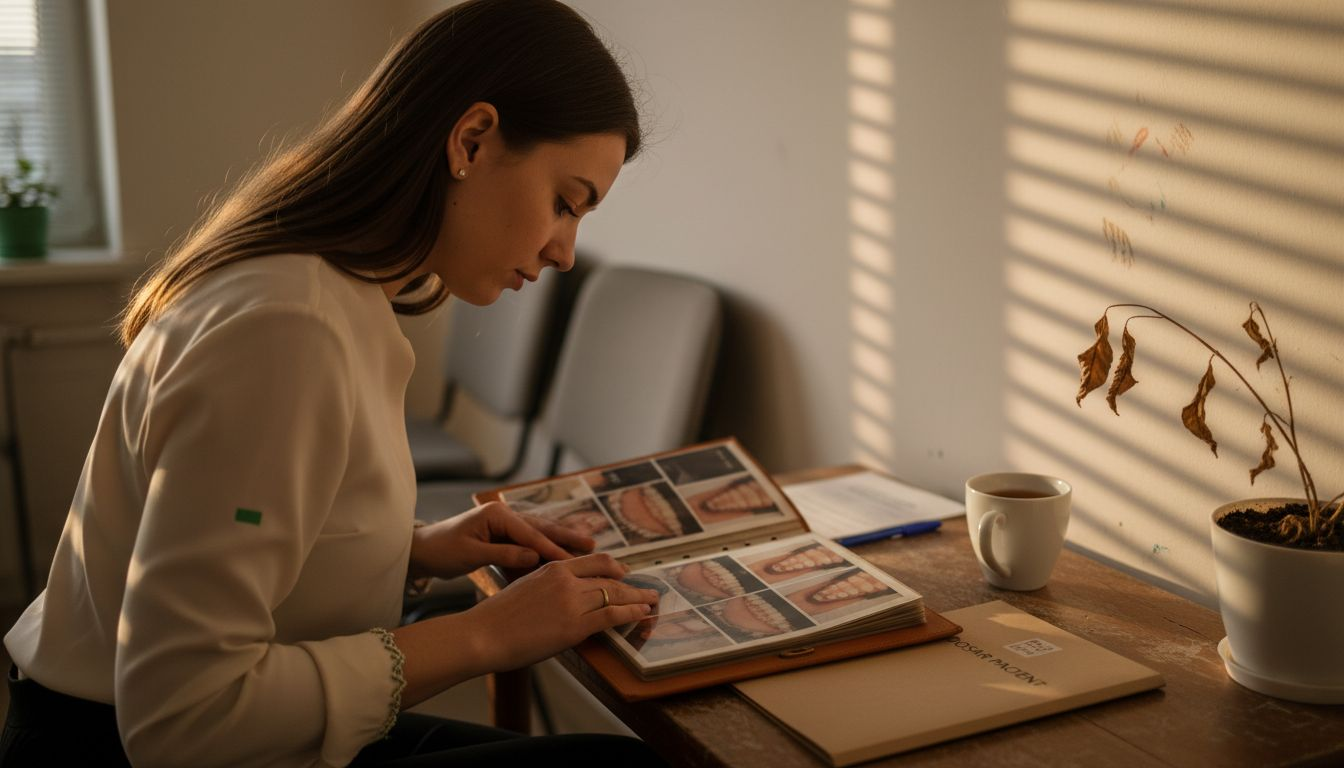 Pacienta răsfoiește portofoliul cu cazuri de implanturi dentare pentru a vedea rezultatele obținute de alți pacienți.