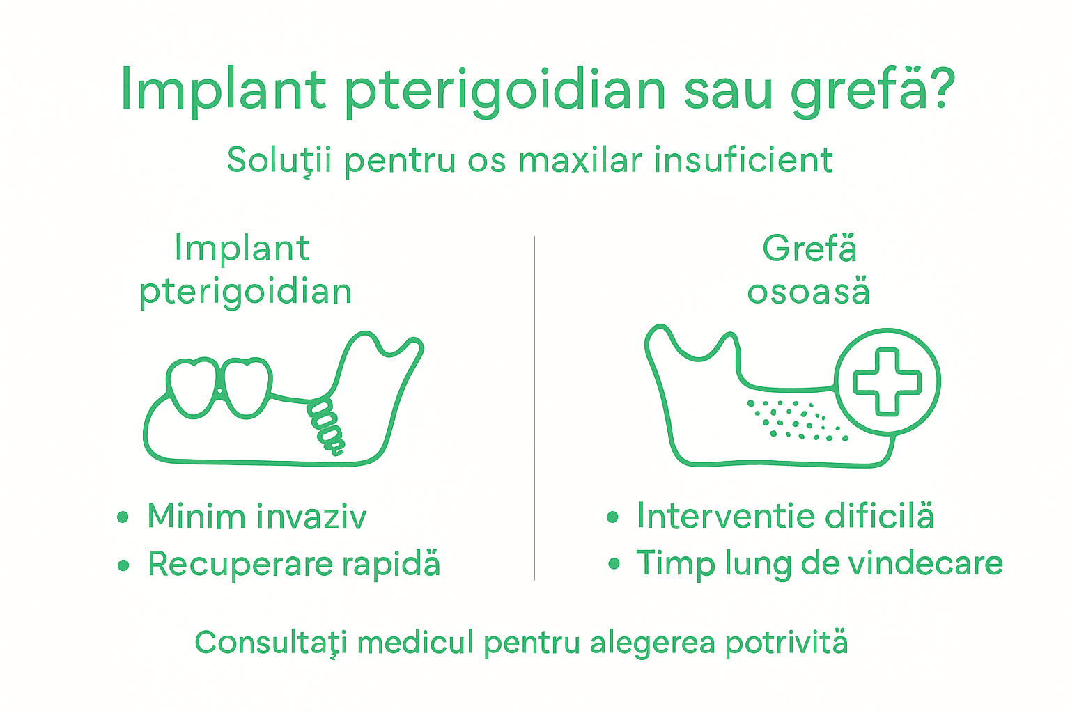 Infografic: diferențe cheie între implantul pterigoidian și utilizarea grefei osoase