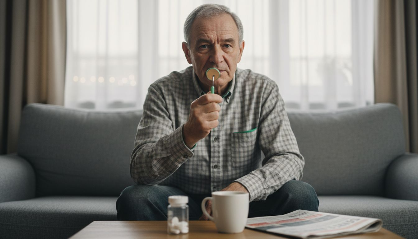 Bărbat care își evaluează singur consecințele pierderii dinților, stând acasă