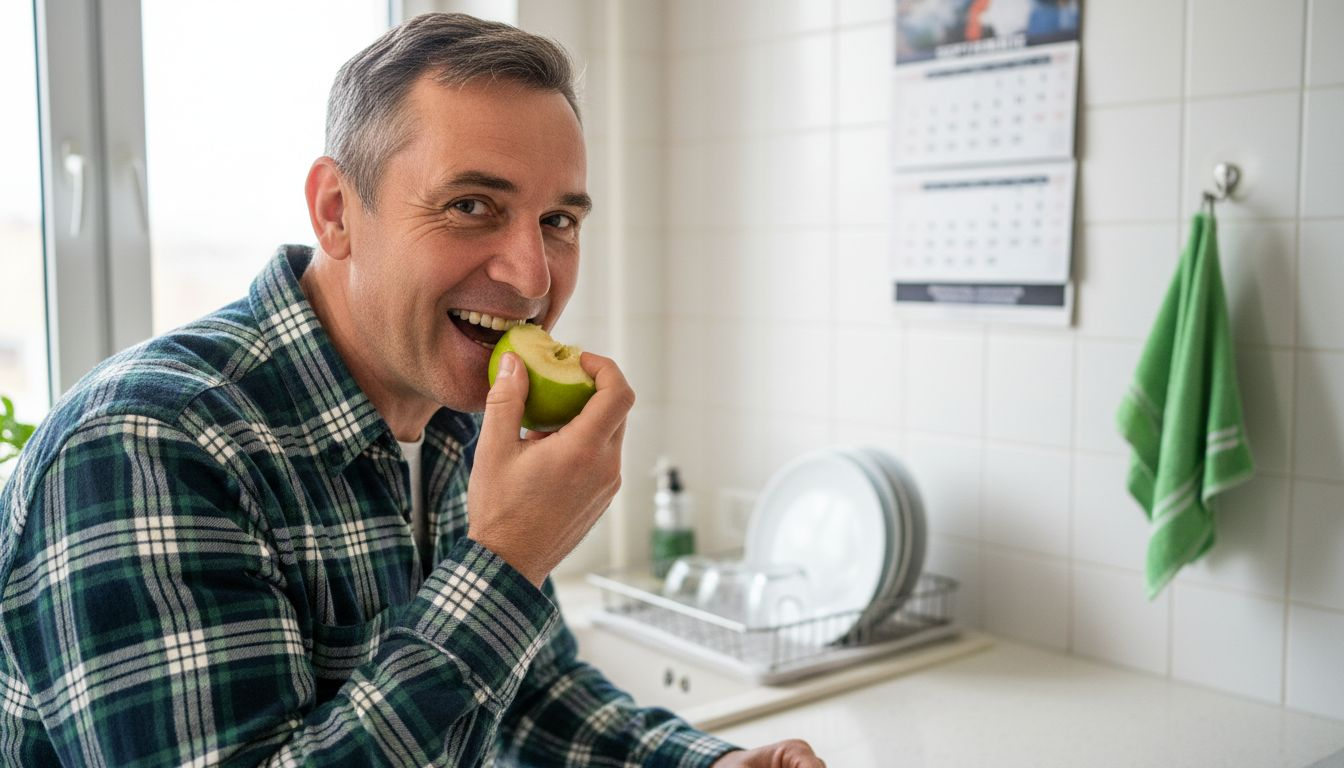 Un bărbat se bucură de mâncare și zâmbește cu încredere datorită implantului dentar.