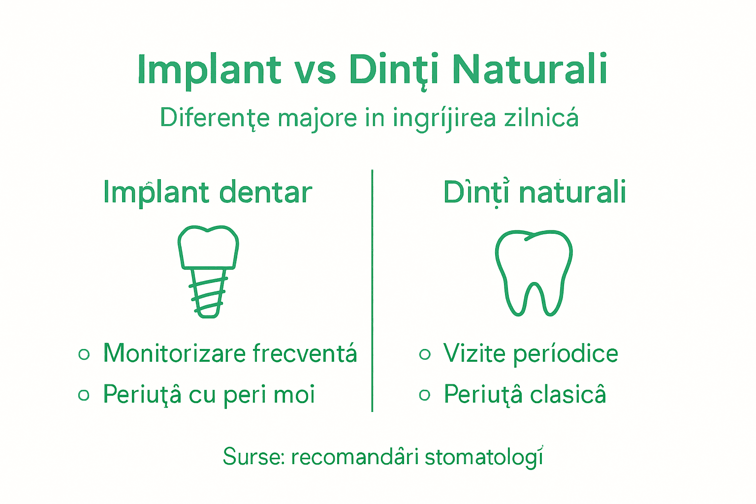 Infografic: Cum se îngrijesc corect implanturile dentare față de dinții naturali