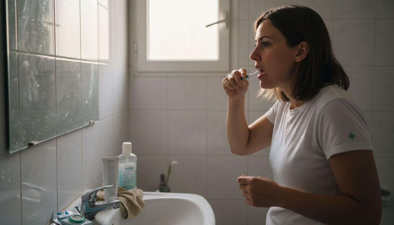 O femeie își curăță implantul dentar în baie.