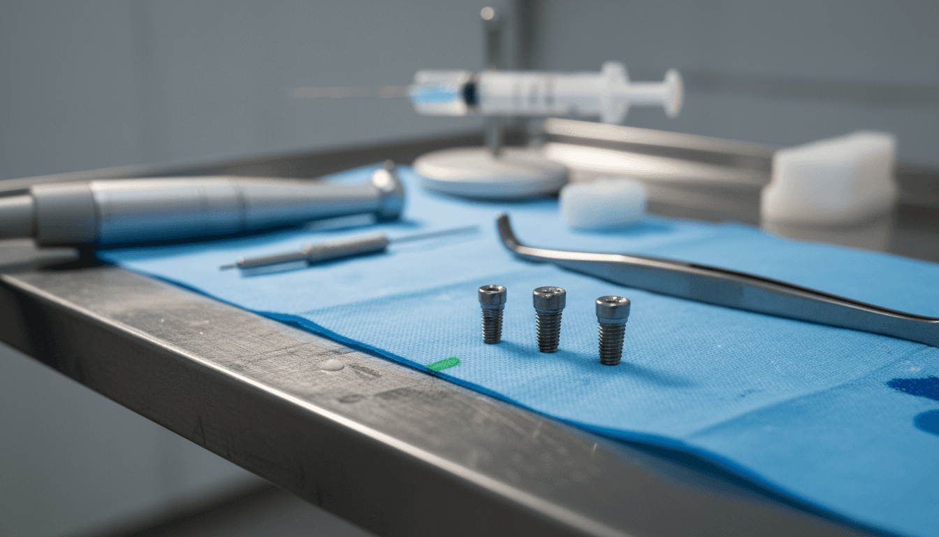 Implanturi dentare din titan prezentate în prim-plan pe masa de operație