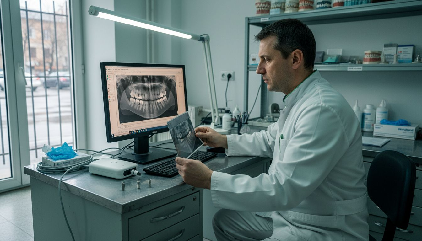 Medicul examinează atent scanarea digitală pentru a stabili dacă implanturile pot fi inserate corect.