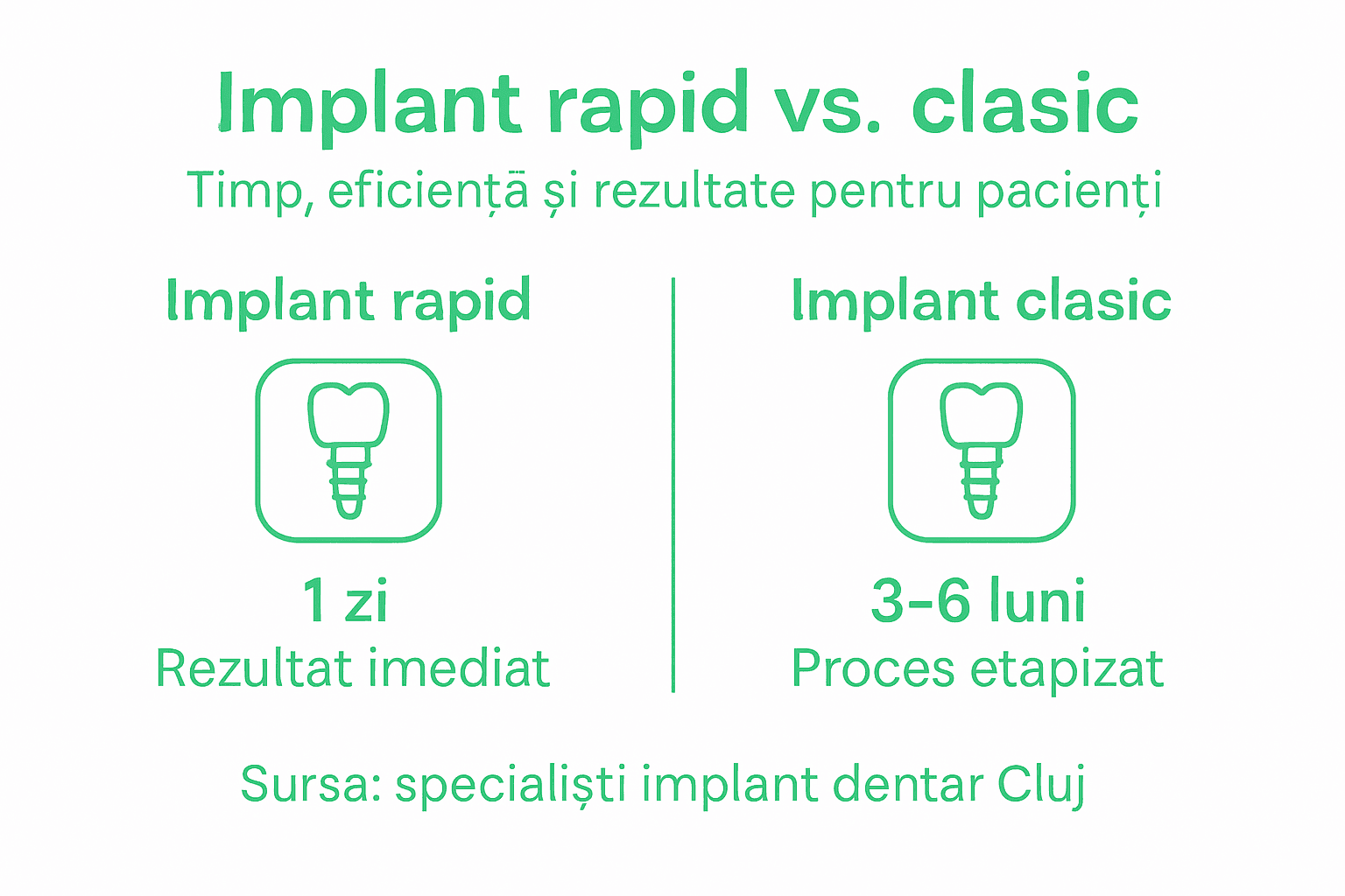 Infografic: comparație între implantul dentar convențional și cel cu încărcare rapidă