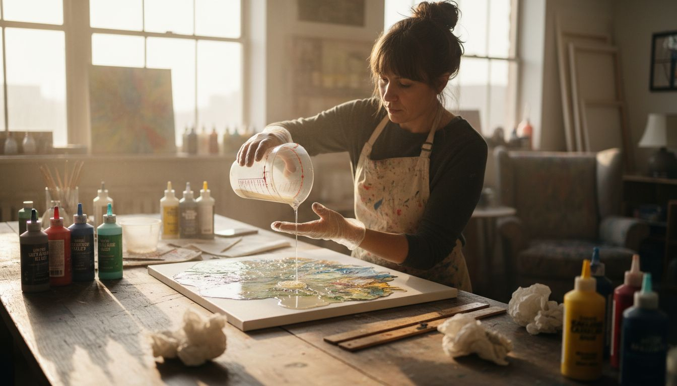 Artist pouring resin onto canvas in studio